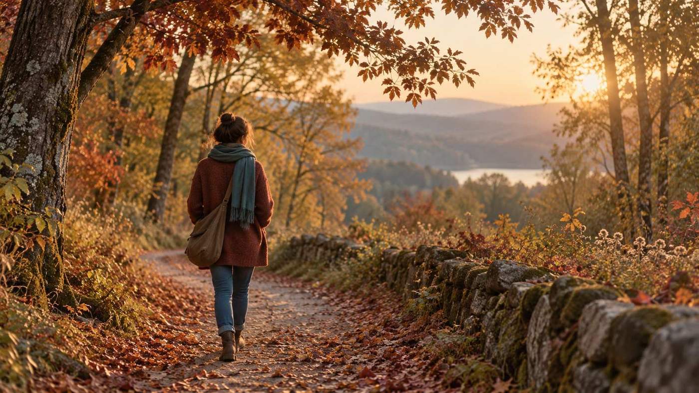 A quiet autumn path beside a notebook and warm drink, representing the beginning of death doula work